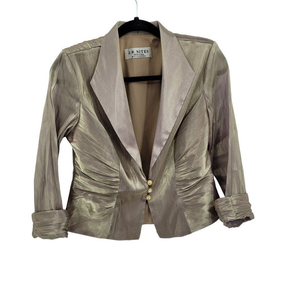 Vintage 80's J.R. Nites Blazer Formal Iridescent‎ Metallic Taupe Shaw Ruched  S